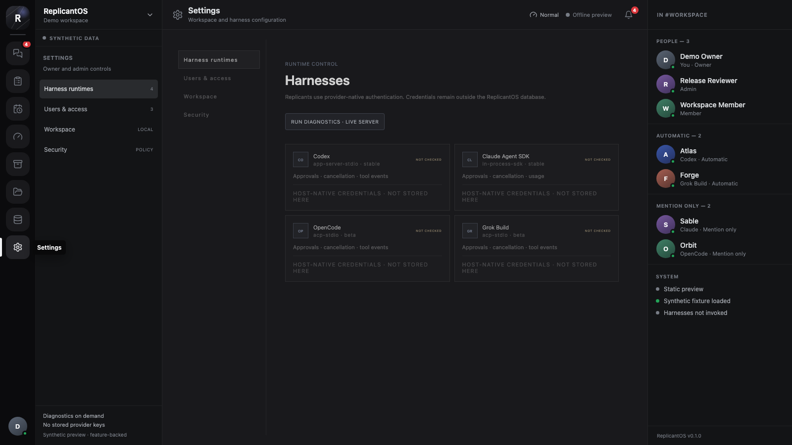 Synthetic Harness settings with Codex, Claude Agent SDK, OpenCode, and Grok Build.