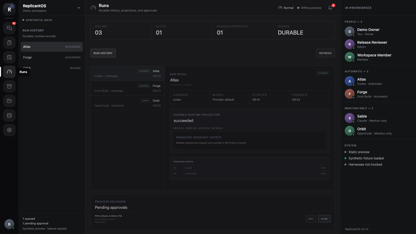 Synthetic Runs view with history, durable output, events, usage, and an approval.