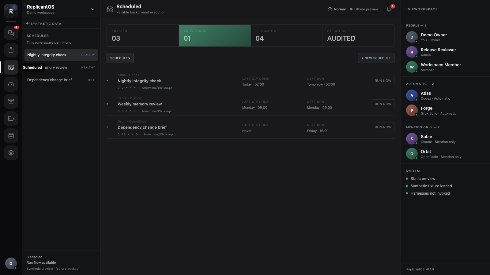 Synthetic schedule list with assigned Replicants, timing, and Run Now controls.