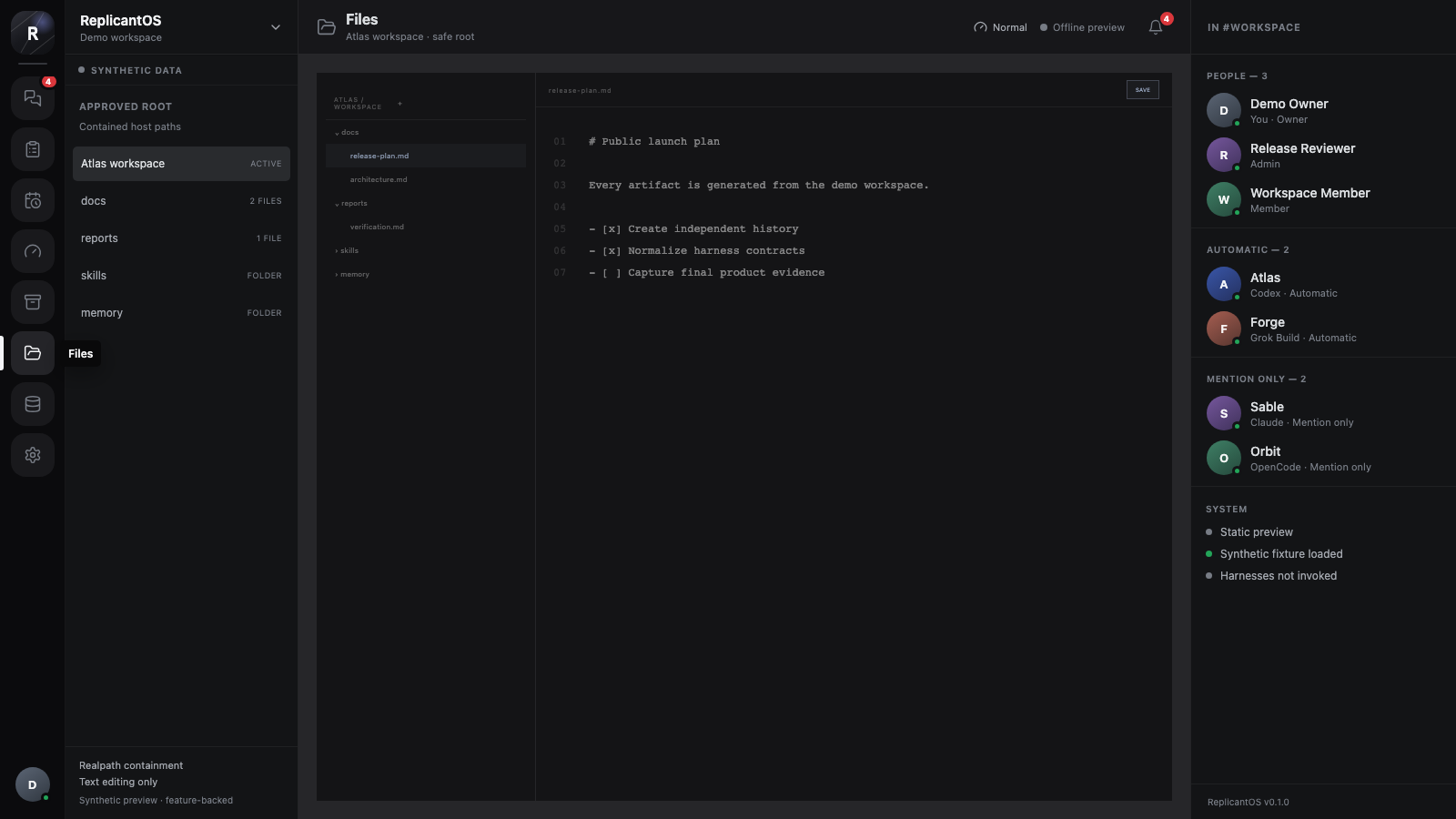 Synthetic safe-root file browser and UTF-8 source editor.